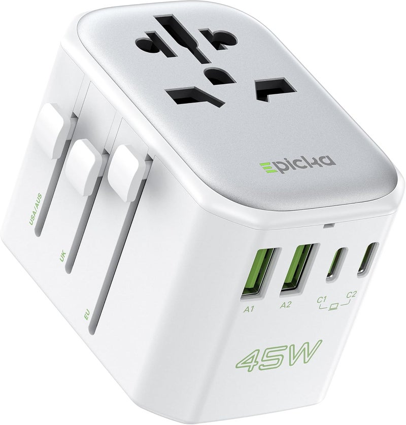EPICKA Pulse 45W European Travel Plug Adapter, Universal Power Adapter with PD Fast Charging, 5-Port (1 AC/2 USB-A/2 USB-C) International Charger Adapter for Europe, Japan - Travel Essentials (White) - Image 1